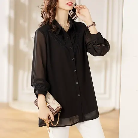 长袖雪纺衬衫女春秋季新款宽松加大码女装中年妈妈遮肚子显瘦小衫商品大图