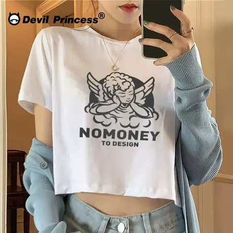 ins盐系露脐短款2024夏设计感卡通印花纯棉t恤女宽松显瘦白色短袖商品大图