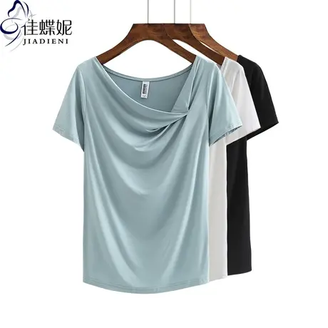 夏季新款韩版斜领褶皱小心机宽松休闲莫代尔棉纯色短袖体恤上衣女商品大图