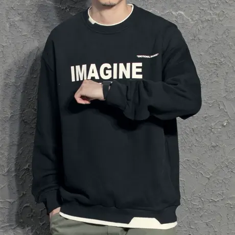 奕飏2022春季新款圆领假两件卫衣男士宽松潮韩版百搭外套休闲撞色商品大图