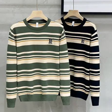 条纹毛衣男士秋冬季新款时尚绣花长袖针织衫男修身青年休闲打底衫商品大图