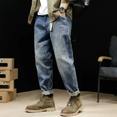 春秋直筒牛仔裤男潮牌宽松大码弹力潮流高端男裤哈伦长裤子秋冬款图片