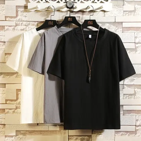 亚麻短袖t恤男士夏季宽松半袖大码棉麻体恤纯色透气圆领薄款上衣商品大图