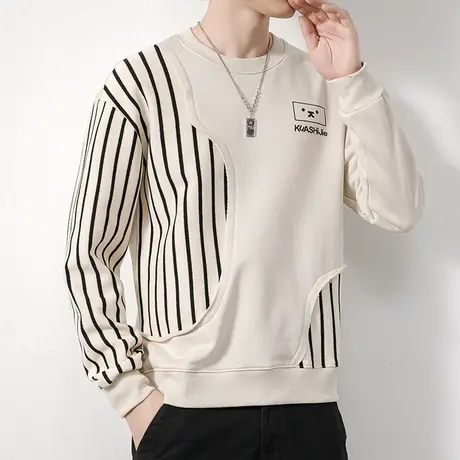 春天高级感拼接情侣长袖卫衣春秋款重磅条纹潮牌圆领上衣春季男装商品大图