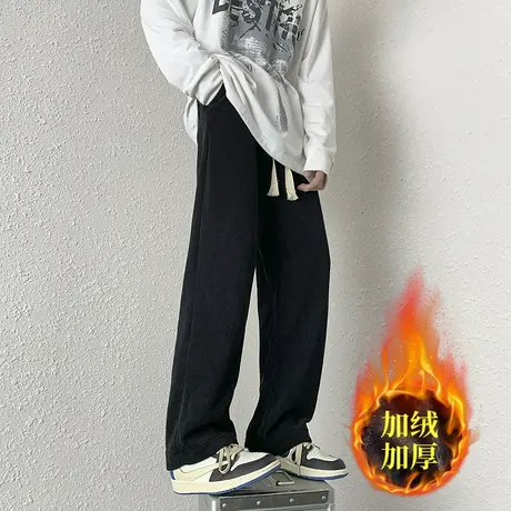 黑色休闲裤子男款潮牌直筒宽松阔腿卫裤秋冬季加绒潮流长裤高级感商品大图