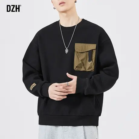 男士华夫格卫衣男圆领潮牌痞帅秋季套头上衣2023新款情侣休闲外套商品大图