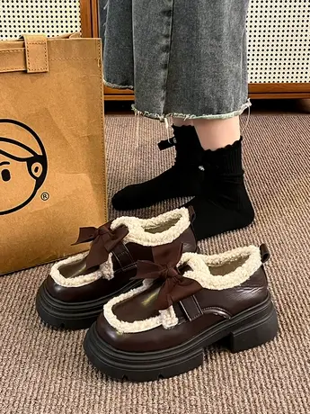 英伦风厚底增高小皮鞋女2023秋冬新款蝴蝶结加绒保暖棉鞋日系jk鞋商品大图