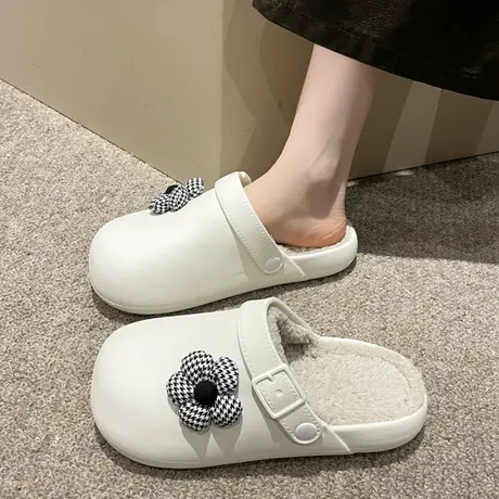 时尚爆款花朵包头半拖鞋女外穿踩屎感eva防滑加绒加厚毛毛拖鞋商品大图