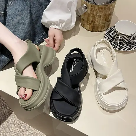 凉鞋女夏季2023新款松糕厚底小个子沙滩鞋高级感法式配裙子罗马鞋图片