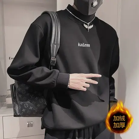 半高领加绒卫衣男秋冬款ins简约小众设计感字母加厚上衣内搭t恤衫商品大图