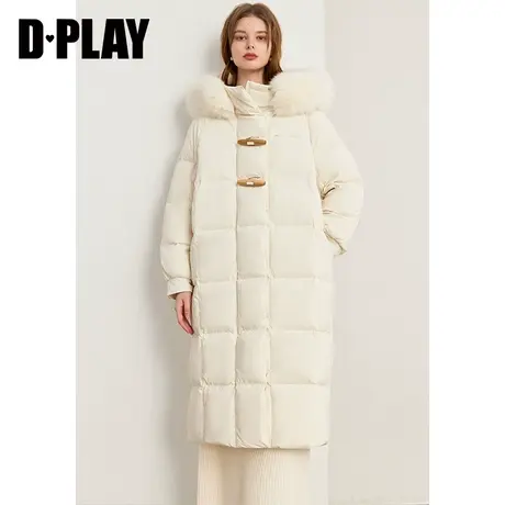 DPLAY冬温柔杏国风牛角扣中长款连帽狐狸毛领保暖加厚羽绒服商品大图
