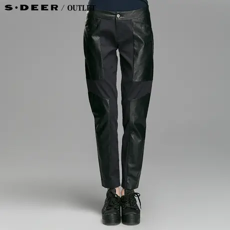 【清仓】sdeer圣迪奥女春黑色休闲长裤拼接皮裤S14380876商品大图