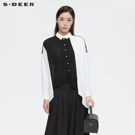 sdeer圣迪奥女装春秋装翻领撞色拼接不规则长袖衬衫女S21380533图片