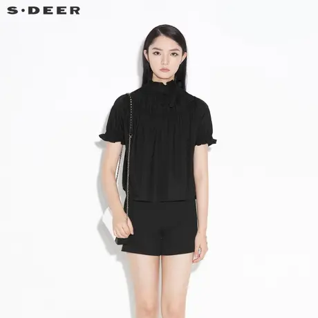 sdeer圣迪奥休闲木耳边立领系带松紧短袖全棉黑色衬衫女S21260413图片