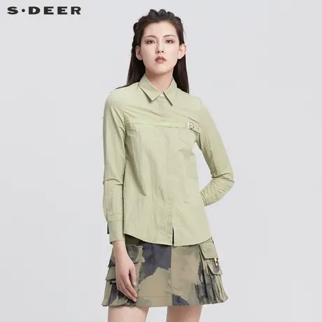 sdeer圣迪奥女装22春夏新款翻领字母拼接压褶长袖衬衫S22180504图片
