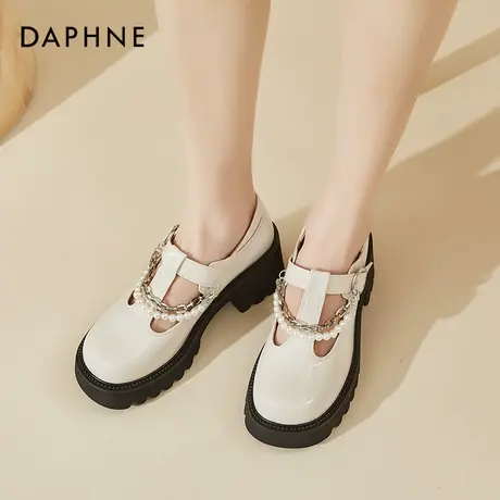 达芙妮法式玛丽珍女鞋小皮鞋粗跟白色高跟鞋小众设计水钻珍珠凉鞋商品大图