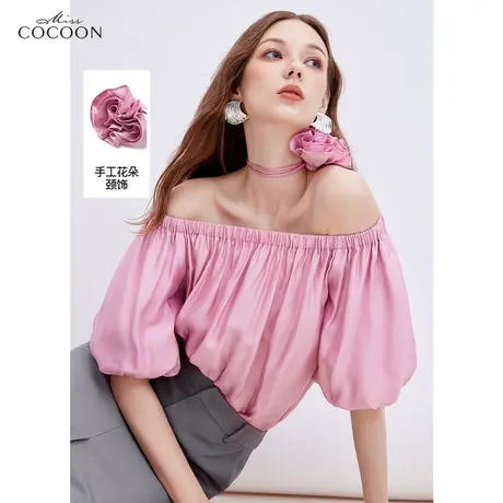 missCOCOON法式上衣2023夏季新款女时尚一字领泡泡袖设计感雪纺衫图片