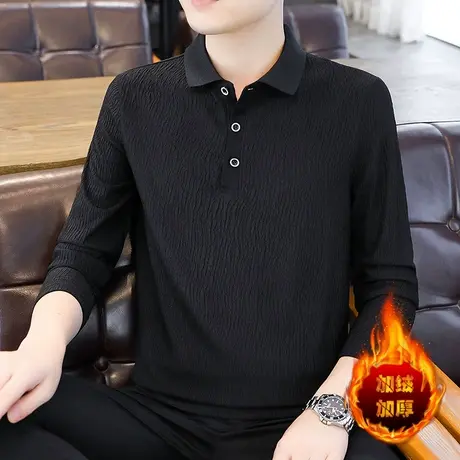 长袖T恤男士褶皱感春秋季潮牌衬衫领POLO衫加绒加厚冬装上衣秋衣图片