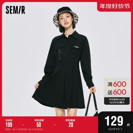 森马连衣裙女工装风衬衫领裙子2022秋季新款甜酷风显瘦小黑裙潮商品大图