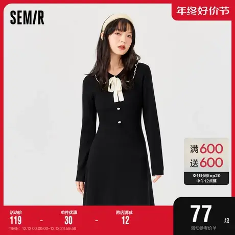 森马连衣裙女长袖韩版2022冬季新款甜美蝴蝶结修身撞色针织裙优雅商品大图