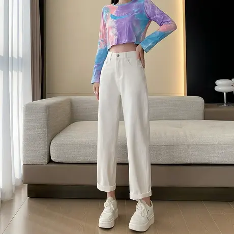 米白色九分直筒牛仔裤女春秋季高腰宽松显瘦烟管小个子休闲裤子商品大图