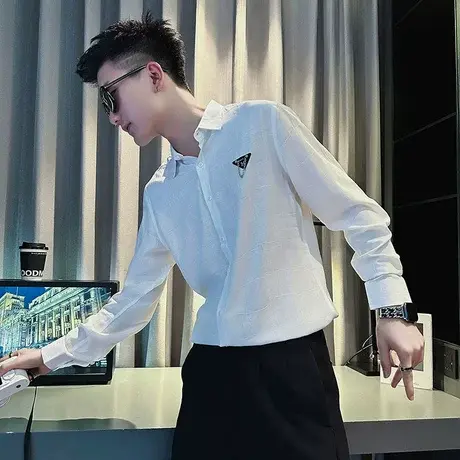 高级感衬衫男士长袖2023春秋新款网红潮牌韩版个性衬衣发型师上衣商品大图