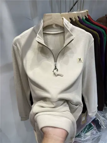 立领半拉链标贴双面德绒卫衣女2024秋冬新款时尚宽松保暖口袋上衣商品大图