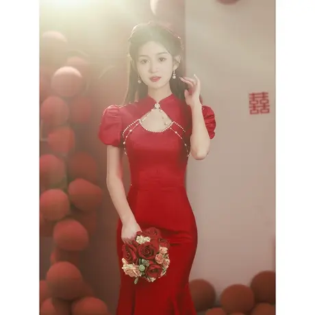 红色旗袍敬酒服2023新款新娘女夏季结婚订婚礼服复古鱼尾裙中长款图片