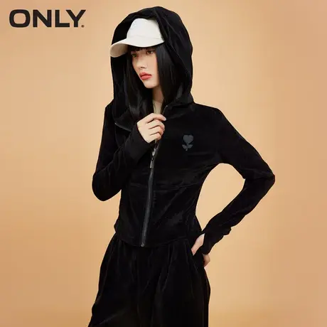 ONLY奥莱时尚胸前胶印皮牌连帽短款开衫卫衣女商品大图