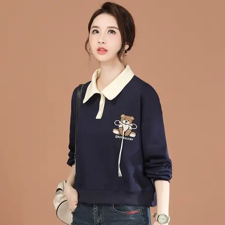 韩潮袭人POLO领撞色刺绣长袖卫衣女2024春季新款休闲百搭T恤上衣图片