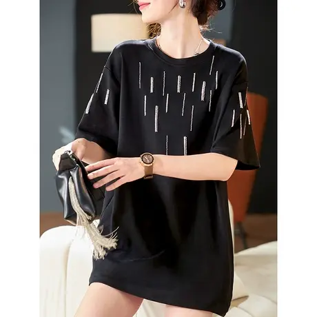 宝诗黎圆领钉珠宽松短袖T恤2024春夏新款百搭休闲棉质女装上衣潮图片