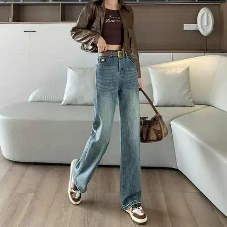 直筒牛仔裤女春秋2024新款高腰宽松垂感显瘦小个子蓝色窄版阔腿裤商品大图