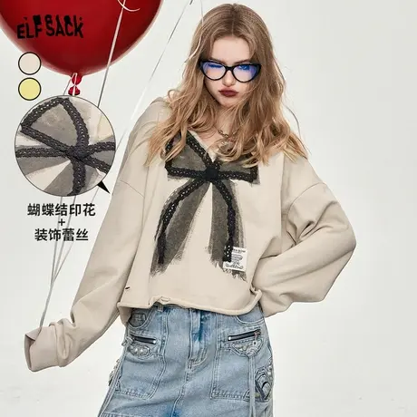 妖精的口袋连帽v领卫衣女2024早春新款蝴蝶结破洞设计减龄上衣图片