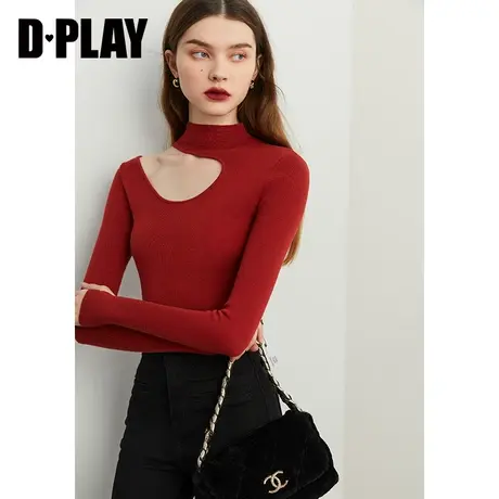 DPLAY冬新铁锈红色修身半高领挖肩锁骨领打底针织衫套头毛衣图片