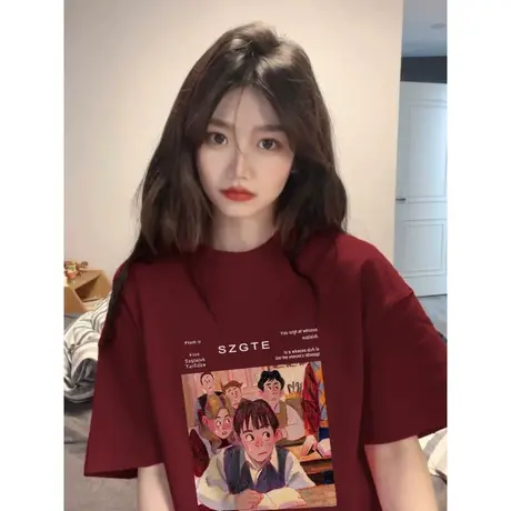 纯棉酒红色短袖t恤女美式复古夏季宽松圆领小个子oversize潮上衣商品大图