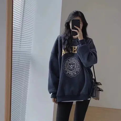 oversize卫衣女秋冬加绒加厚圆领宽松高街小众chic港风上衣外套图片