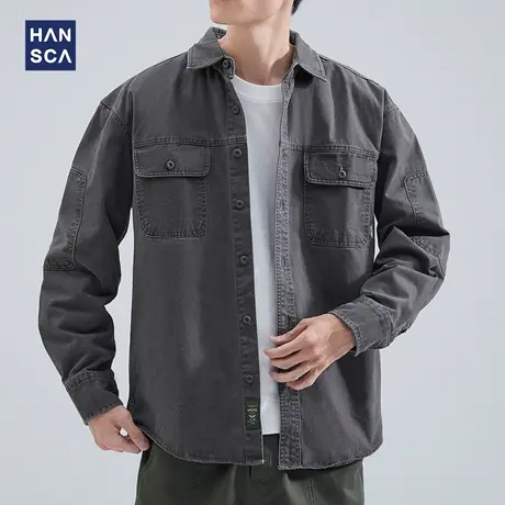 hansca纯棉工装衬衫男长袖青少年春季简约纯色休闲翻领开衫外套商品大图