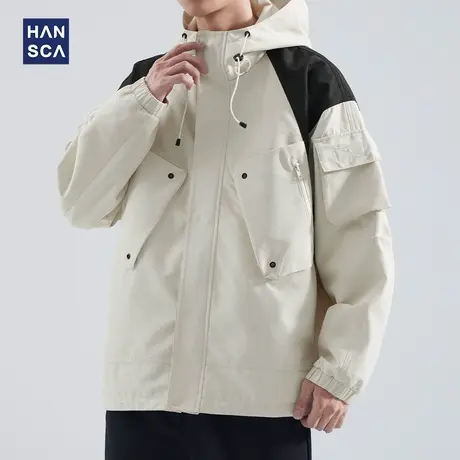 hansca多口袋工装夹克男士秋季撞色潮流宽松休闲户外防风连帽外套商品大图