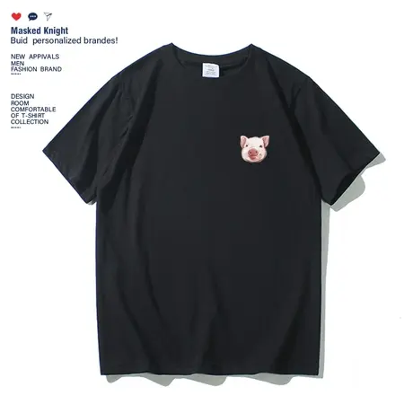 夏季潮牌趣味小猪头印花t恤男情侣装学生青少年纯棉圆领短袖潮图片