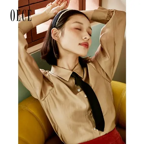 Oece设计感衬衫春秋新款女装学院领带长袖衬衣气质上衣商品大图
