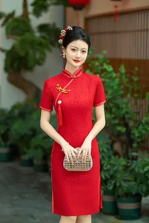 红色中考高考送考旗袍新款夏季旗开得胜妈妈穿的年轻款蕾丝连衣裙商品大图