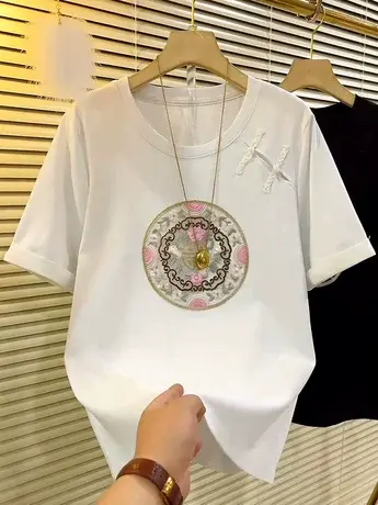 2024春夏新款国风民族风刺绣盘扣短袖T恤女气质别致内搭上衣ins潮图片