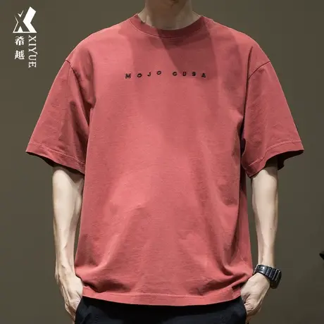 希越美式潮牌棕红色T恤男春夏宽松大码重磅260g高密刺绣短袖体恤商品大图