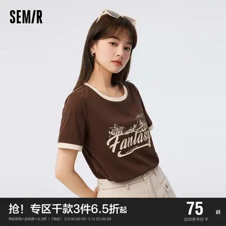 森马短袖T恤女设计感做旧印花衣服2023夏季新款撞色上衣复古潮流图片