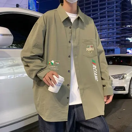 休闲工装衬衫男秋季长袖衬衣外套小众潮牌港风宽松无性别青年寸衫商品大图