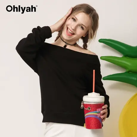 Ohlyah品牌女装韩版一字领卫衣纯棉宽松慵懒风休闲显瘦大码上衣潮图片