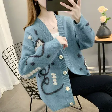 文艺宽松提花外搭针织衫女秋冬新款慵懒显瘦系扣加厚毛衣开衫外套图片