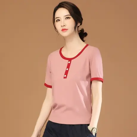 韩潮袭人圆领拼接撞色短袖T恤女2023夏季新款休闲正肩体恤衫上衣商品大图