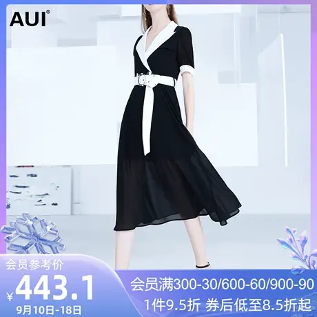 AUI名媛气质黑白撞色连衣裙女2023夏季新款西装领短袖雪纺大摆裙商品大图