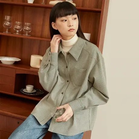 omont蛋挞家 复古千鸟格垂感长袖衬衫女秋冬季设计感宽松上衣外套图片
